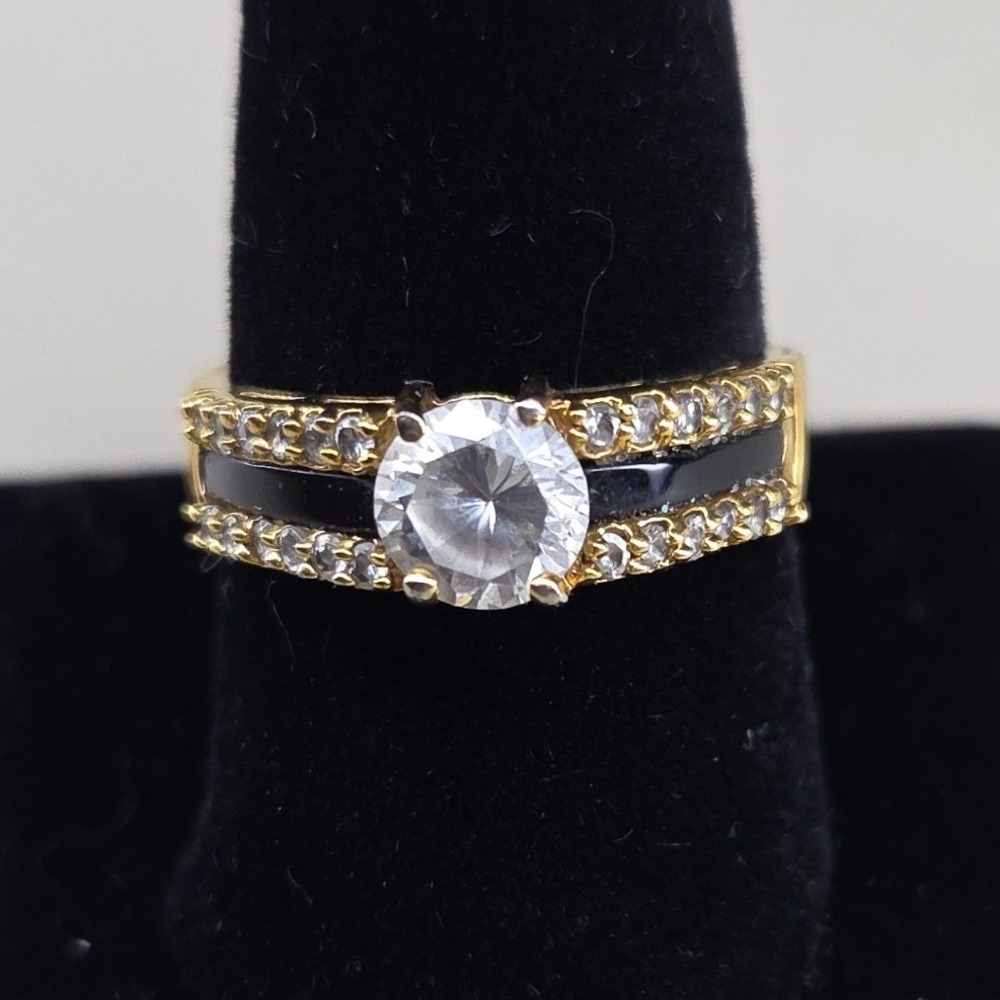Gold Tone Round‎ Cubic Zirconia Black Enamel Accent Statement Ring Size 10.5
